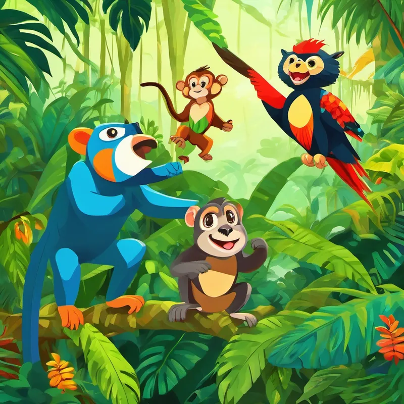 Monkey, parrot, and jaguar celebrating in the rainforest