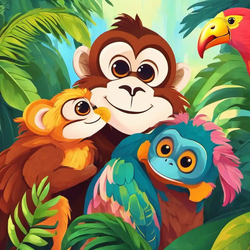Monkey, parrot, and jaguar hugging and smiling happily