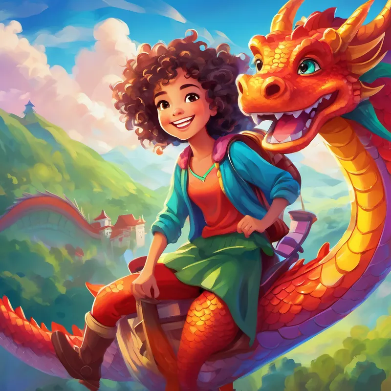 Curly-haired girl with a bright smile and colorful clothes. riding on a colorful dragon in the sky