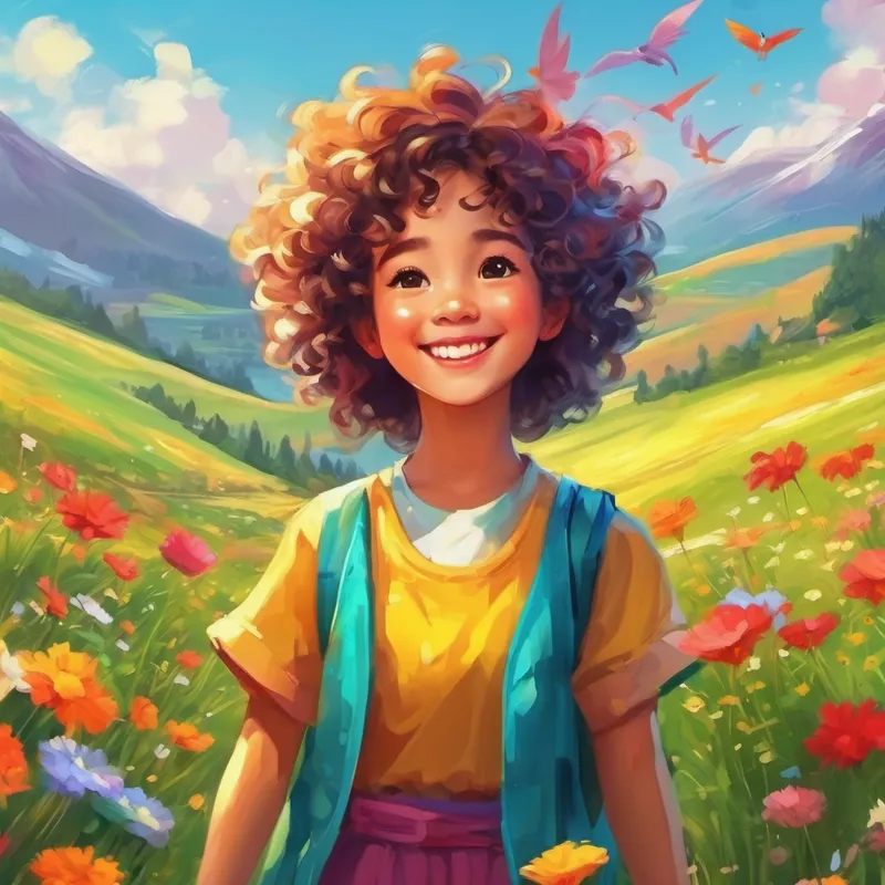Curly-haired girl with a bright smile and colorful clothes. and dragon flying over blooming meadows