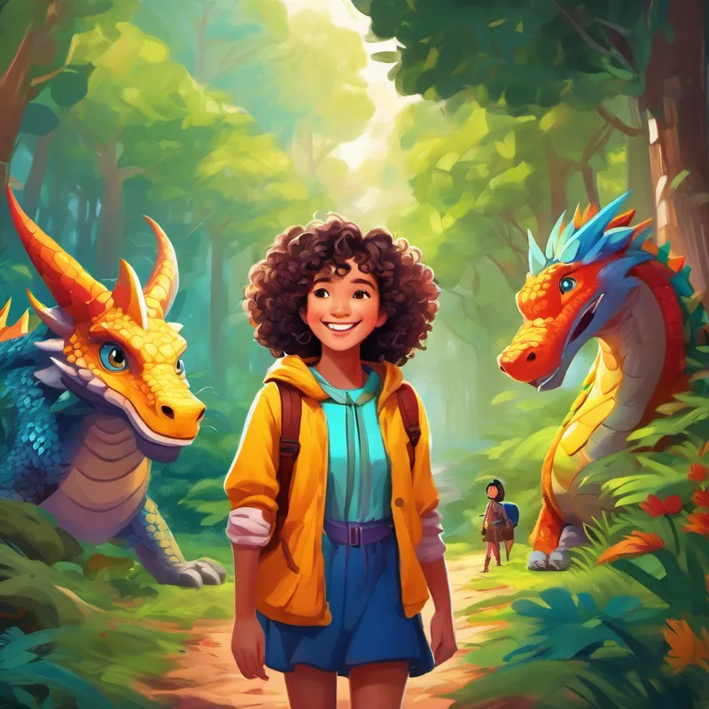 Curly-haired girl with a bright smile and colorful clothes. and dragon exploring a forest with talking animals
