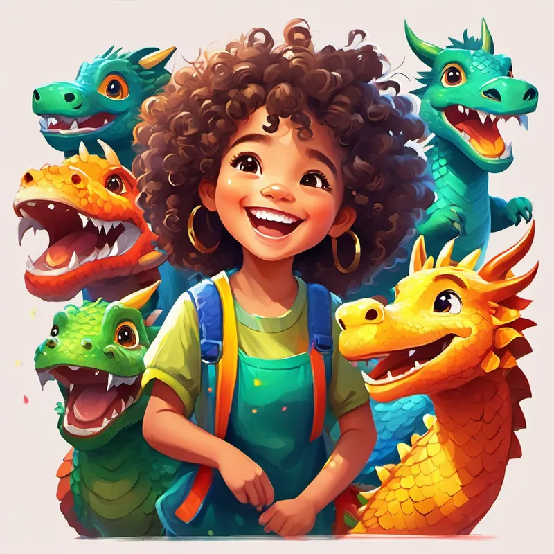Curly-haired girl with a bright smile and colorful clothes. and dragon laughing and dancing with talking animals