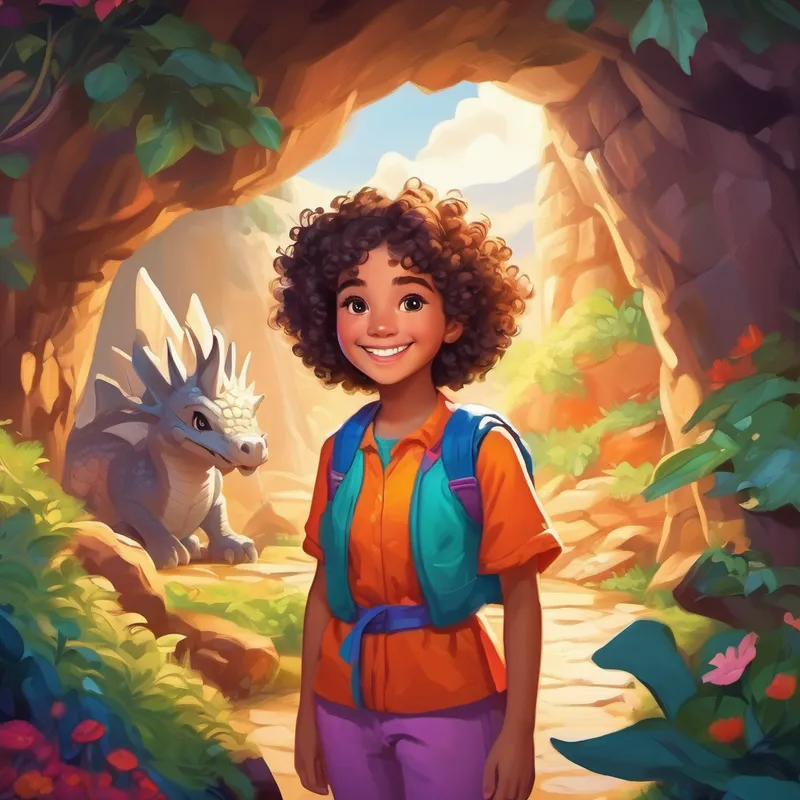 Curly-haired girl with a bright smile and colorful clothes. and dragon finding a chest of kindness in a cave