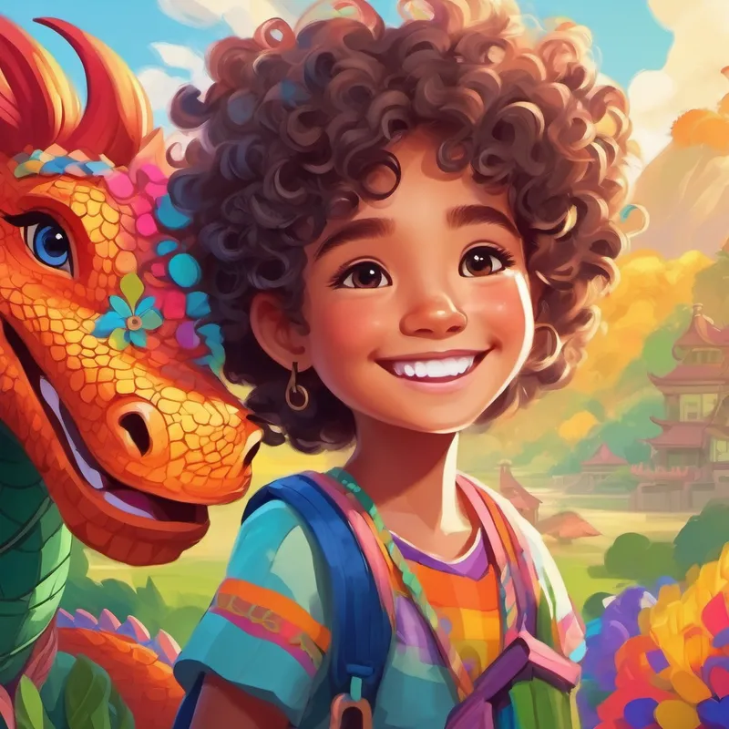 Curly-haired girl with a bright smile and colorful clothes. and dragon helping others with kindness