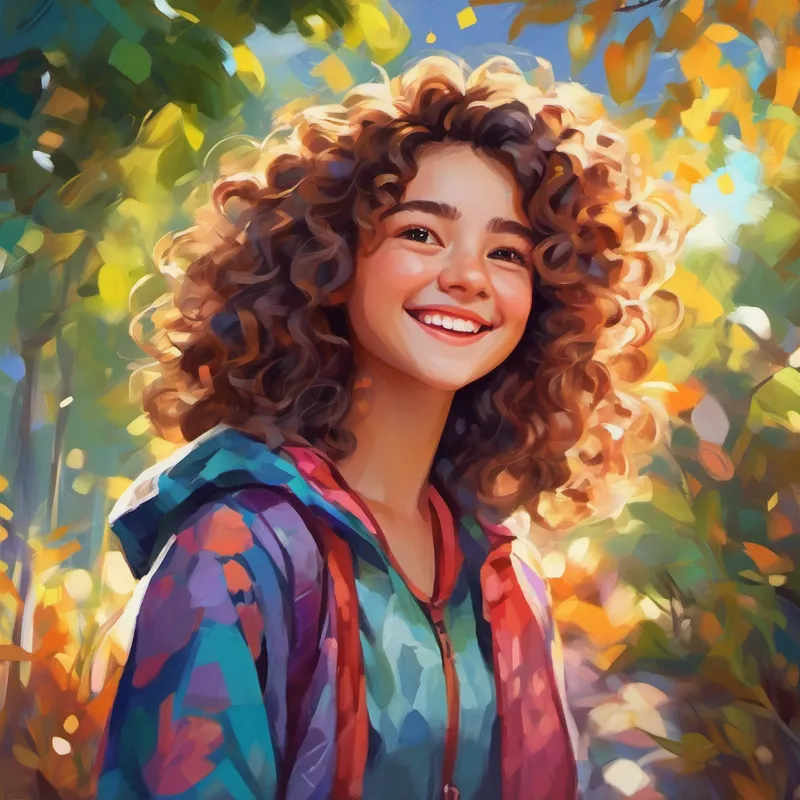 Curly-haired girl with a bright smile and colorful clothes. waking up with a smile