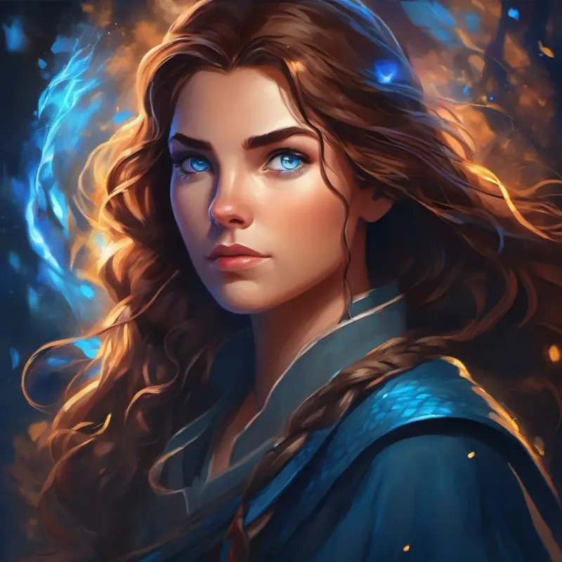 Brave woman with sparkling eyes, fair skin, and bright blue eyes discovers her magical abilities and encounters Mysterious foe with shadowy powers, dark and elusive, with piercing eyes, setting the stage for the main conflict.