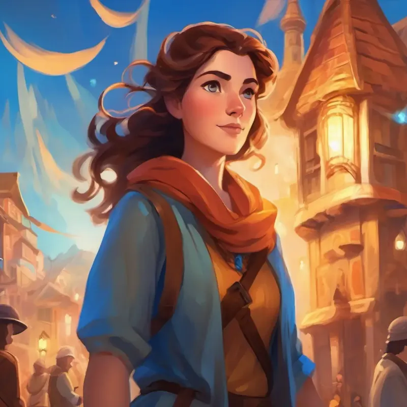 Brave woman with sparkling eyes, fair skin, and bright blue eyes embarks on her quest and encounters new friends and challenges.