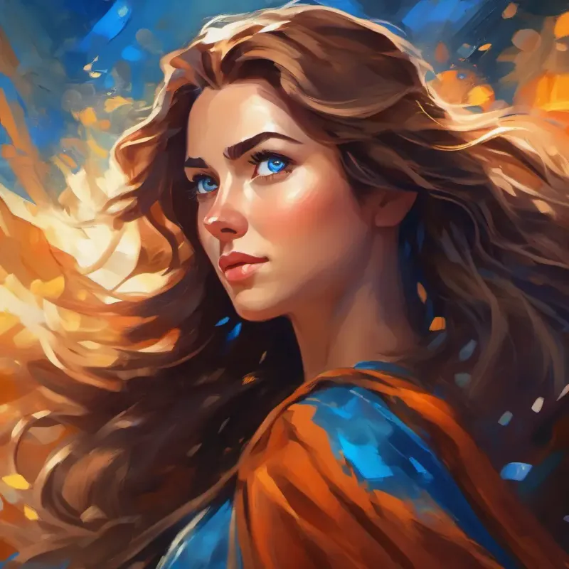 Brave woman with sparkling eyes, fair skin, and bright blue eyes gains confidence and strength as she navigates through challenges.