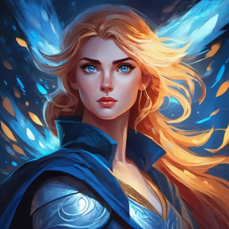 Showdown between Brave woman with sparkling eyes, fair skin, and bright blue eyes and Mysterious foe with shadowy powers, dark and elusive, with piercing eyes, Brave woman with sparkling eyes, fair skin, and bright blue eyes uses her wit to overcome the obstacle.