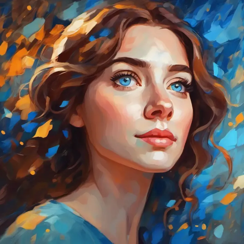 Brave woman with sparkling eyes, fair skin, and bright blue eyes's self-discovery and understanding of her purpose, with a message of love and kindness.