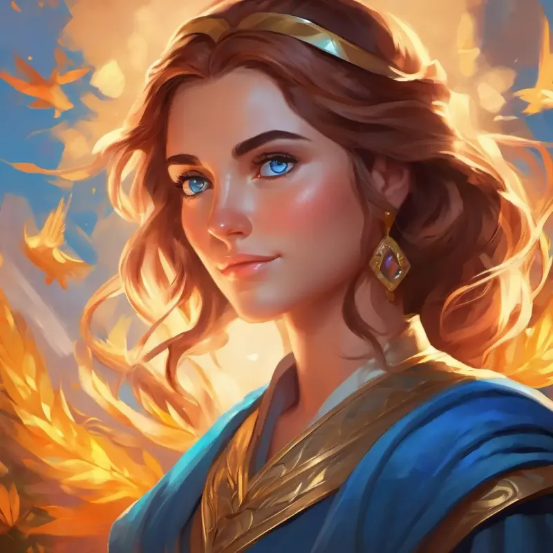 The conclusion of the story, highlighting Brave woman with sparkling eyes, fair skin, and bright blue eyes's ongoing adventures and her new role as a guardian.