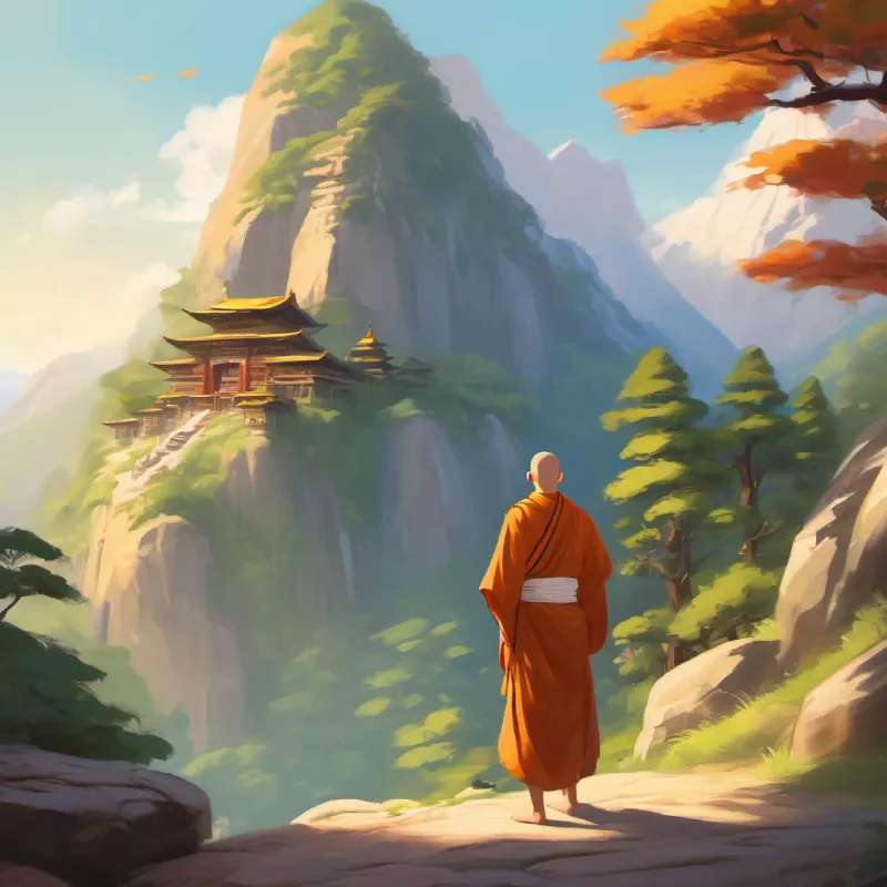 Mountain temple, young monk Young monk with shaved head, kind eyes, beginning of the adventure, sunny morning