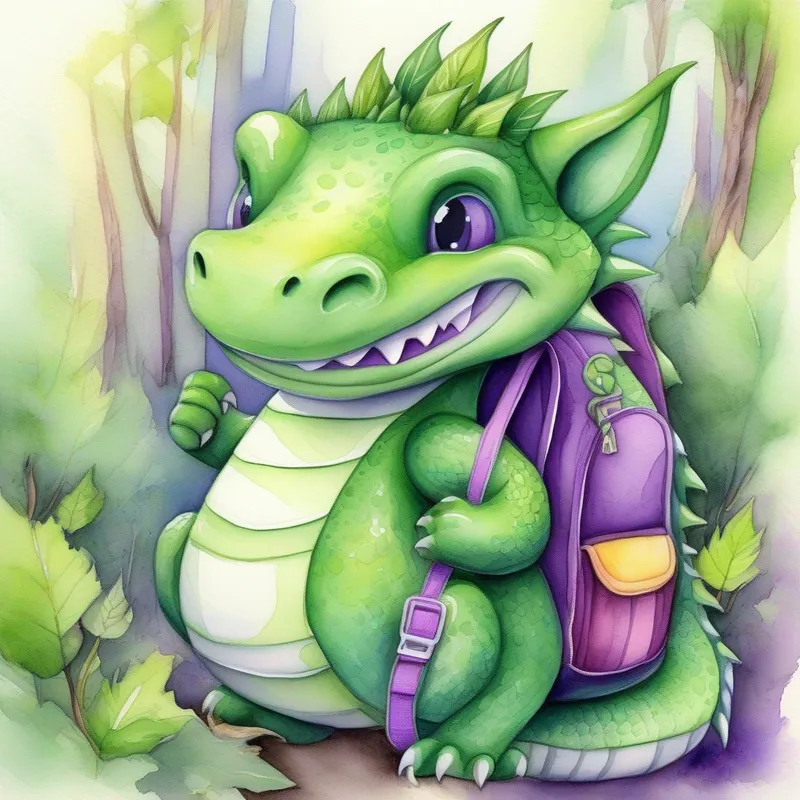 Green dragon with a smile and a purple backpack the dragon in a green forest, smiling