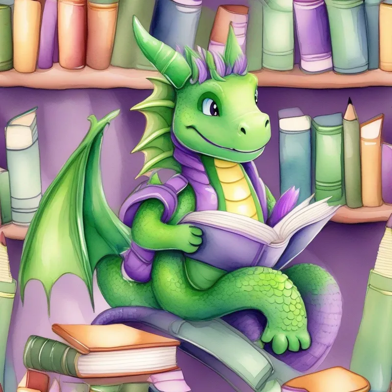 Green dragon with a smile and a purple backpack reading books in a cozy library