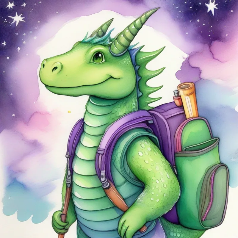 Green dragon with a smile and a purple backpack with a telescope, looking up at the stars