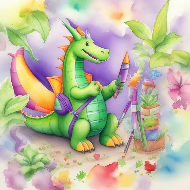 Green dragon with a smile and a purple backpack building a colorful rocket in his backyard