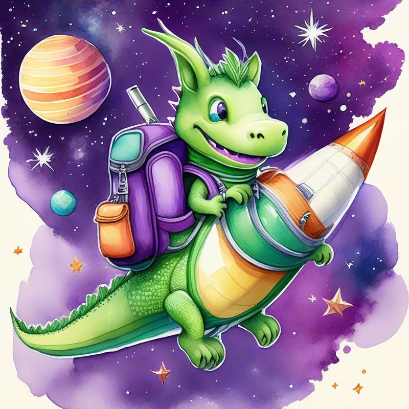 Green dragon with a smile and a purple backpack in his rocket, zooming in space surrounded by planets