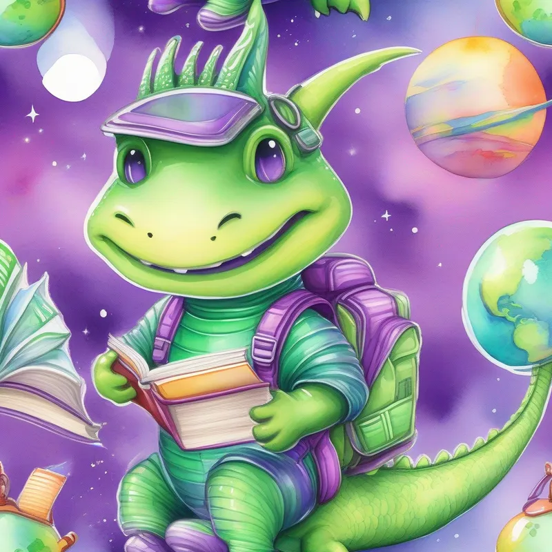 Green dragon with a smile and a purple backpack and aliens in colorful spacesuits sharing books and information