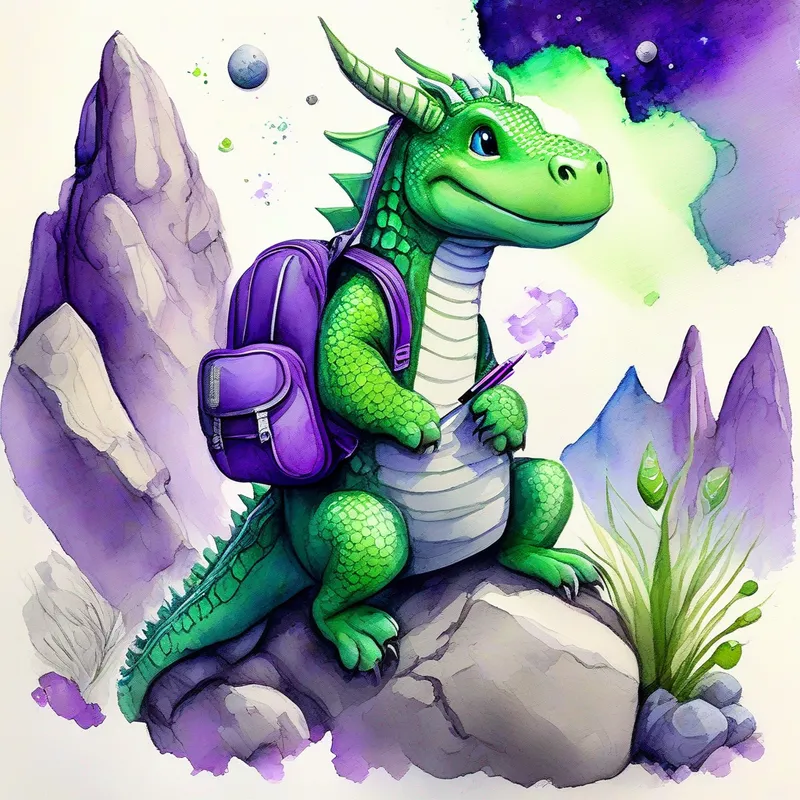 Green dragon with a smile and a purple backpack sitting attentively on a space rock, listening to the aliens