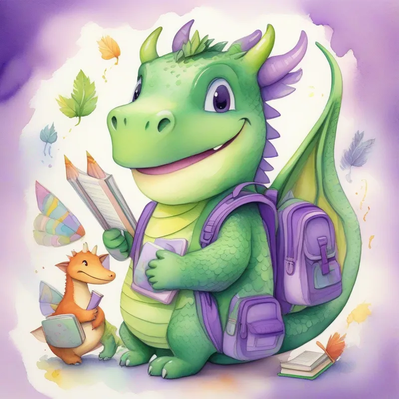 Green dragon with a smile and a purple backpack surrounded by happy animal friends, sharing space facts