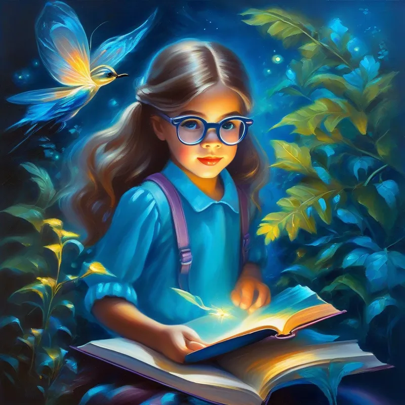 Curious girl with glasses and books, her favorite color is blue studying with a magical book and meeting the fairy