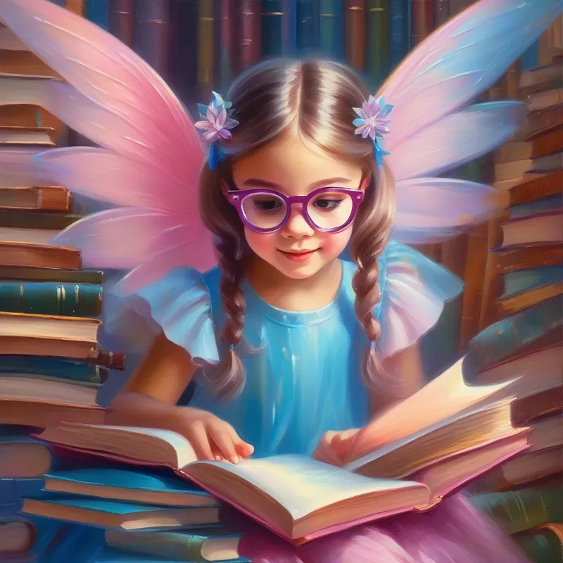 Curious girl with glasses and books, her favorite color is blue and Friendly fairy with sparkly wings and a pink dress studying and having fun together