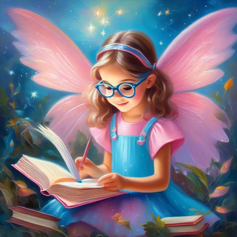 Curious girl with glasses and books, her favorite color is blue and Friendly fairy with sparkly wings and a pink dress reading about a magic spell