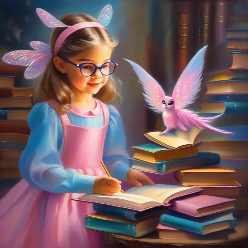 Curious girl with glasses and books, her favorite color is blue and Friendly fairy with sparkly wings and a pink dress casting the magic spell, Maya disappears
