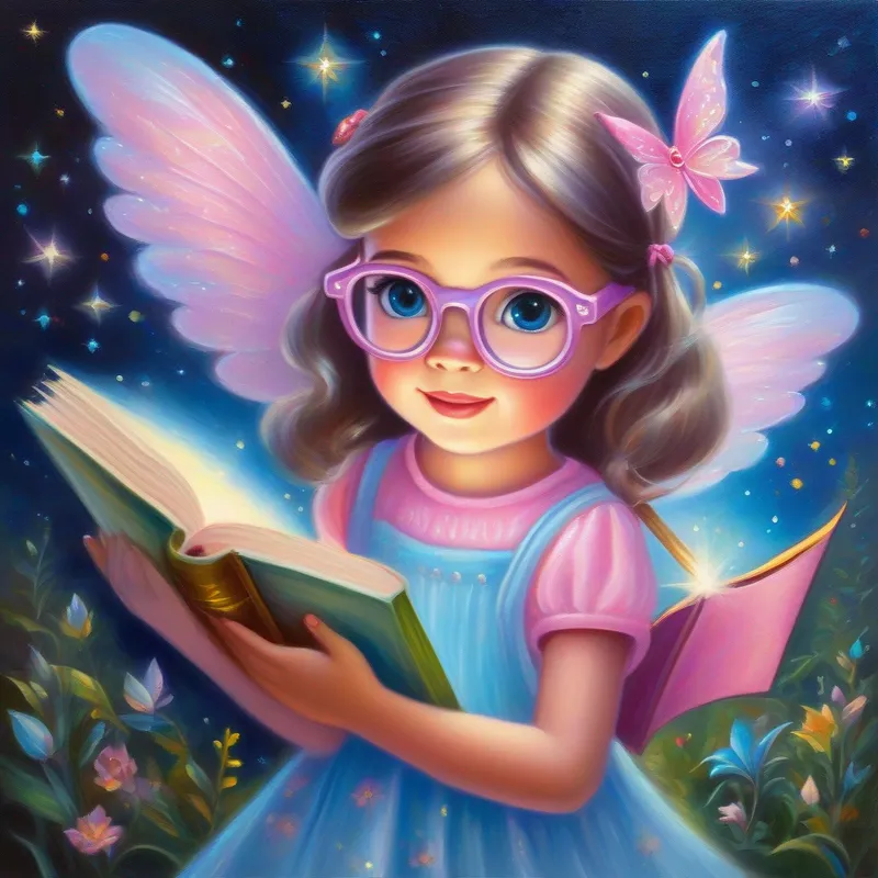 Curious girl with glasses and books, her favorite color is blue and Friendly fairy with sparkly wings and a pink dress finding the reversal spell and Maya reappearing