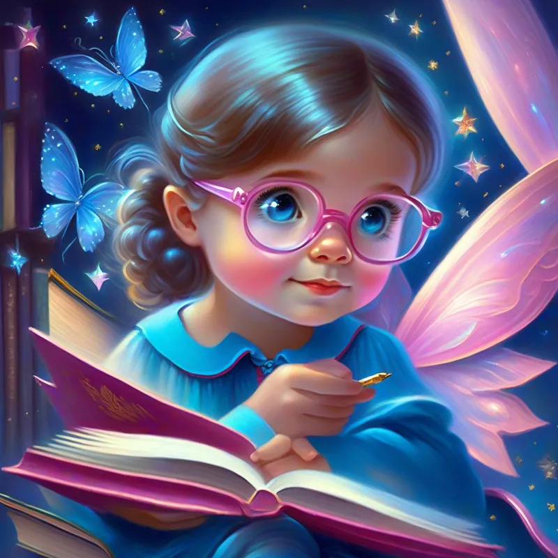 Curious girl with glasses and books, her favorite color is blue and Friendly fairy with sparkly wings and a pink dress studying and being careful with magic