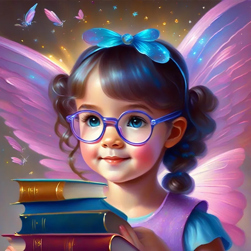 Curious girl with glasses and books, her favorite color is blue and Friendly fairy with sparkly wings and a pink dress becoming best friends and having more adventures