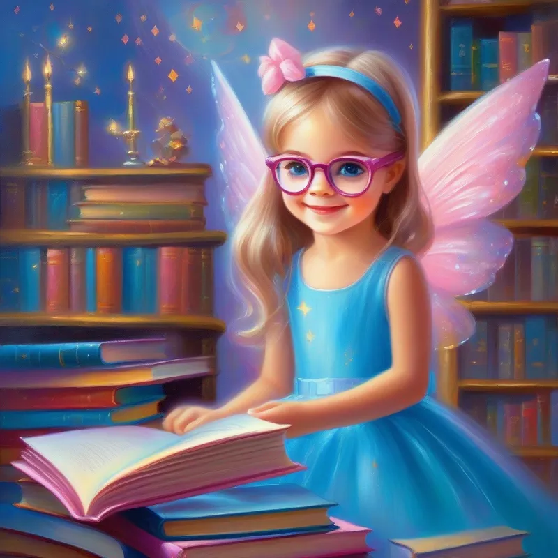 Curious girl with glasses and books, her favorite color is blue and Friendly fairy with sparkly wings and a pink dress living happily ever after