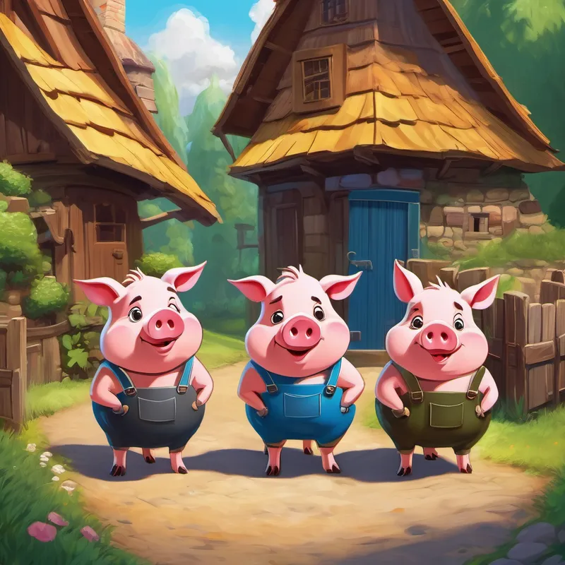 Three little pigs standing outside their houses