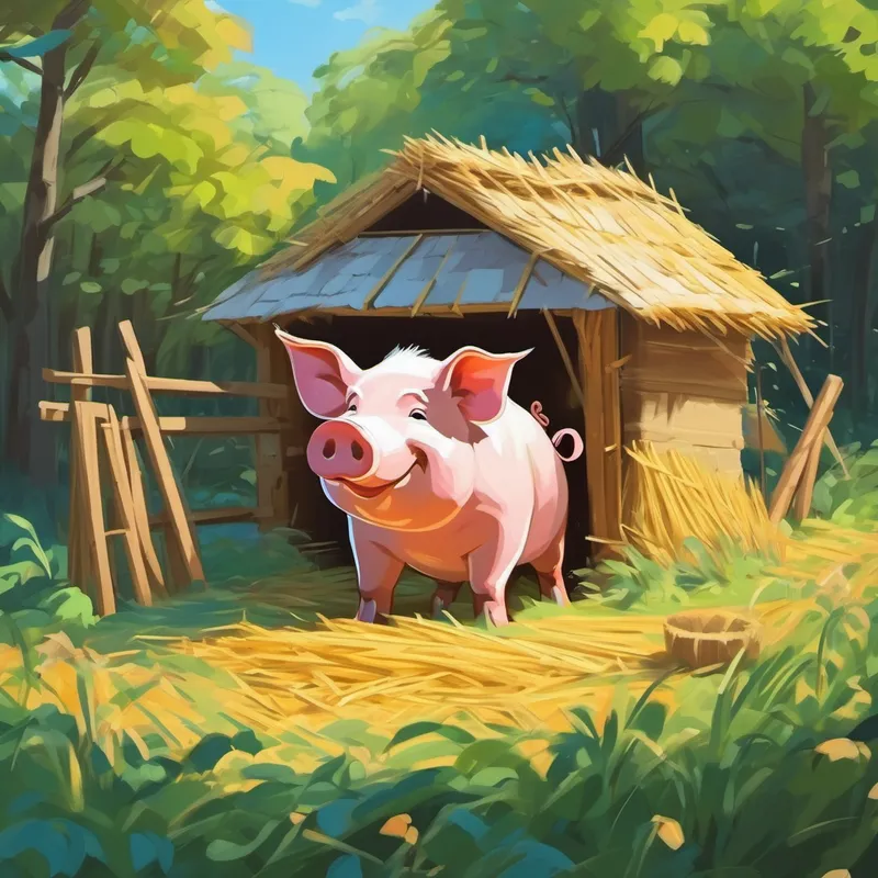 First pig building a house with straw
