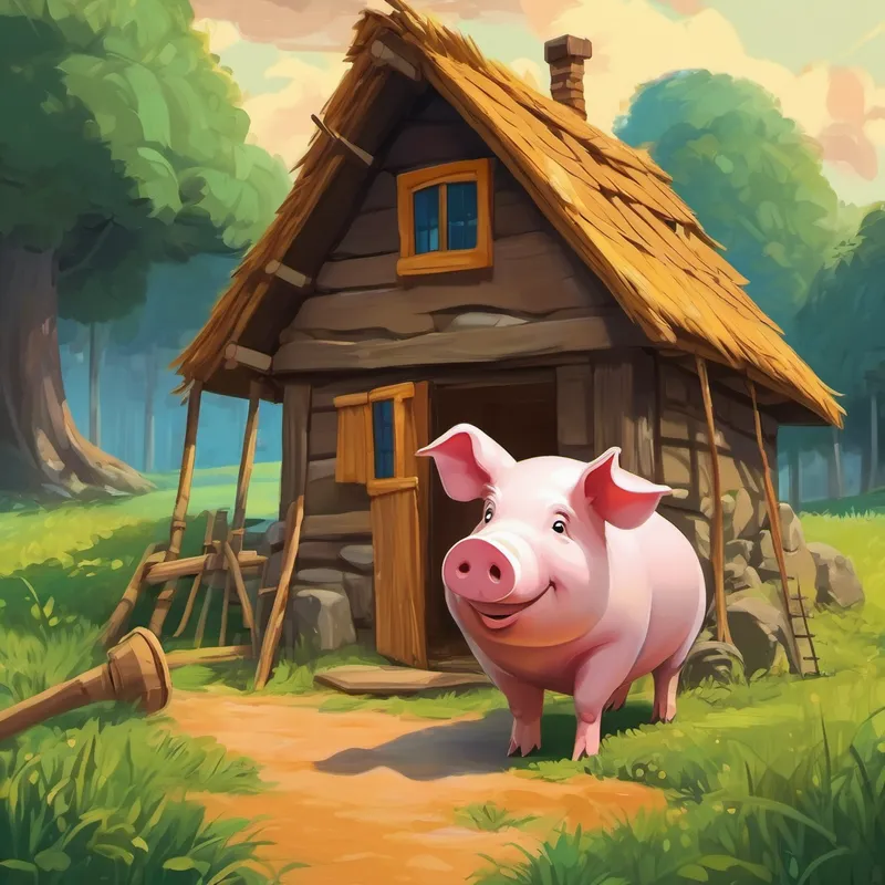 Second pig building a house with sticks