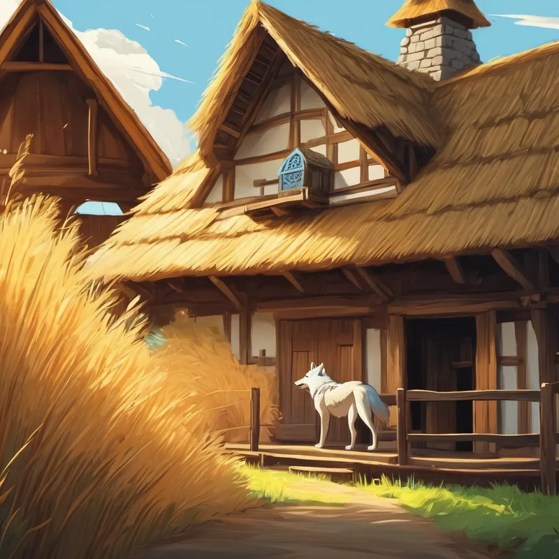Wolf blowing at the straw house