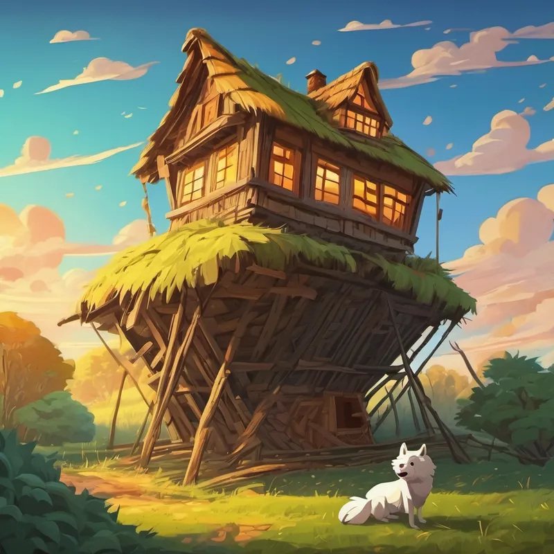 Straw house collapsing with the wolf looking pleased