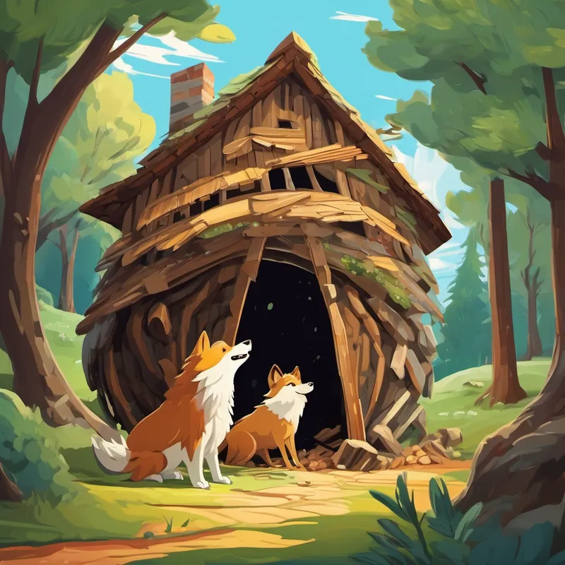 Stick house collapsing with the wolf looking happy