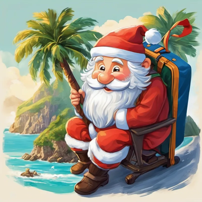 Once upon a time, there was a jolly old man named Der Weihnachtsmann. Der Weihnachtsmann was known all around the world for delivering presents to children on Christmas Eve. But after many years of hard work, Der Weihnachtsmann decided it was time for a vacation, so he packed his bags and headed off for a much-needed break. Der Weihnachtsmann had always dreamt of visiting a sunny beach, with palm trees swaying in the gentle breeze and crystal blue waters. So, he booked a plane ticket to a tropical island called "Sonnenschein Island" where the sun always shone.