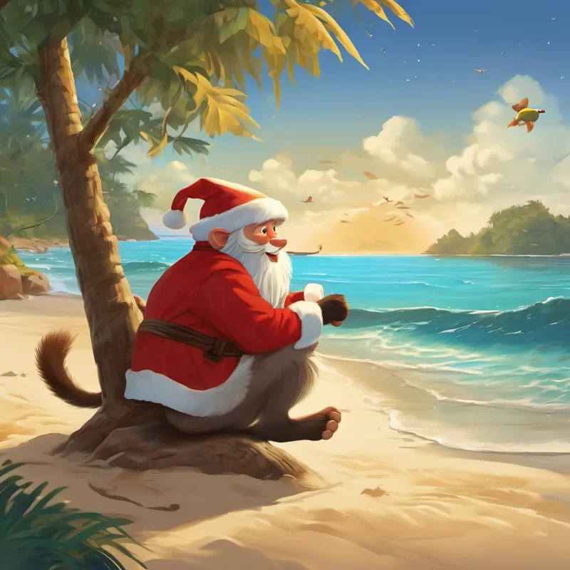 As Der Weihnachtsmann landed on the island, he took a deep breath of the warm, salty air and couldn't help but smile. The island was even more beautiful than he had imagined. He quickly found a cozy little hut near the beach to stay in and started his relaxing vacation. During his first day on Sonnenschein Island, Der Weihnachtsmann decided to explore. He walked along the golden sand, feeling the warm grains between his toes. Suddenly, he came across a group of lively monkeys playing in the trees. They were full of mischief, swinging from branch to branch. "Ho ho ho! I haven't seen such playful animals in a long time," Der Weihnachtsmann chuckled.