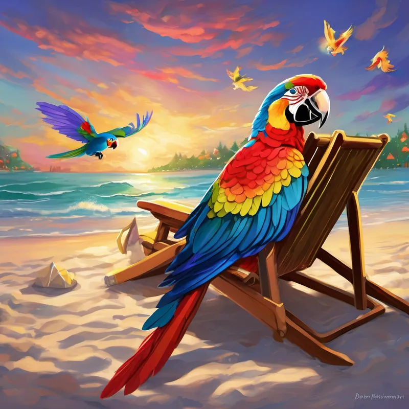 As he continued his walk, Der Weihnachtsmann spotted a family of colorful parrots squawking happily among the vibrant flowers. They flew down and perched on his shoulders, creating a beautiful rainbow on his clothes. Der Weihnachtsmann couldn't help but laugh and flap his arms, pretending he could fly like them. After a day full of adventure, it was time for Der Weihnachtsmann to relax on the beach. He sat in his beach chair, feeling the warm sand beneath him, and watched children building sandcastles in the distance. Little did they know, the real Der Weihnachtsmann was right there, enjoying his vacation.
