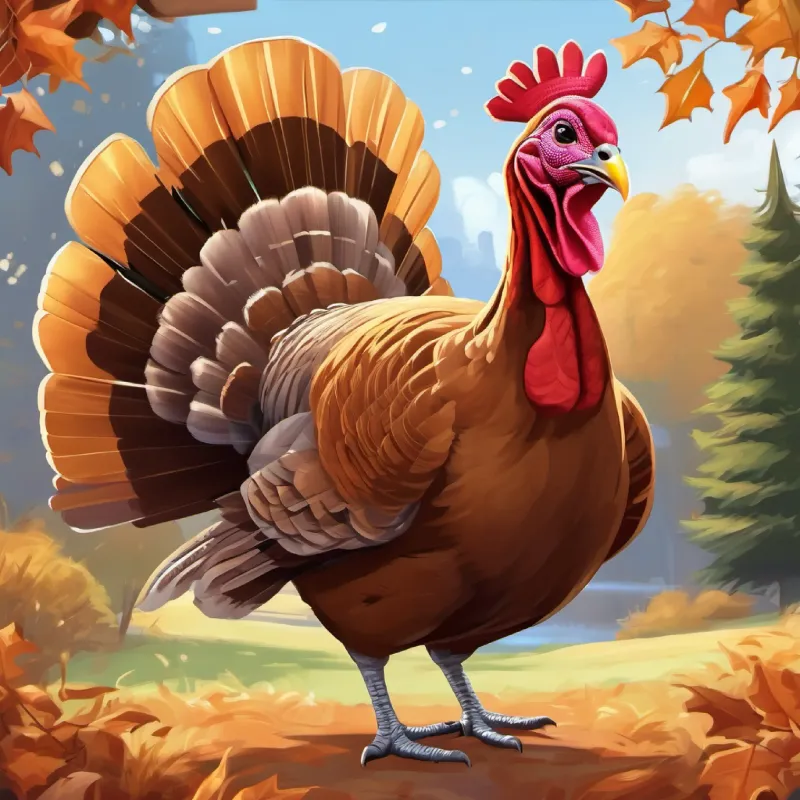 Introduction to A plump turkey, brown feathers, friendly eyes, constantly smiling, farmyard setting, expectation for fun.