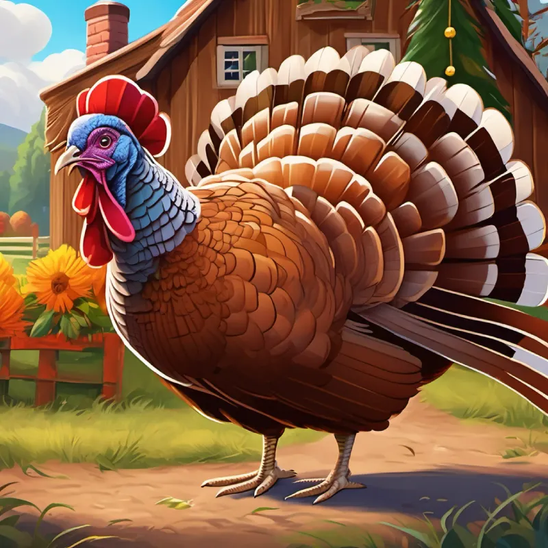 A plump turkey, brown feathers, friendly eyes, constantly smiling stumbles over feet, friends watching, farmyard background.