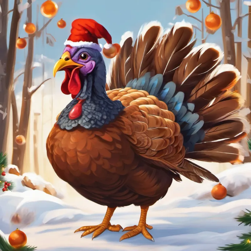 A plump turkey, brown feathers, friendly eyes, constantly smiling painting, but getting more paint on himself, chaos ensues.