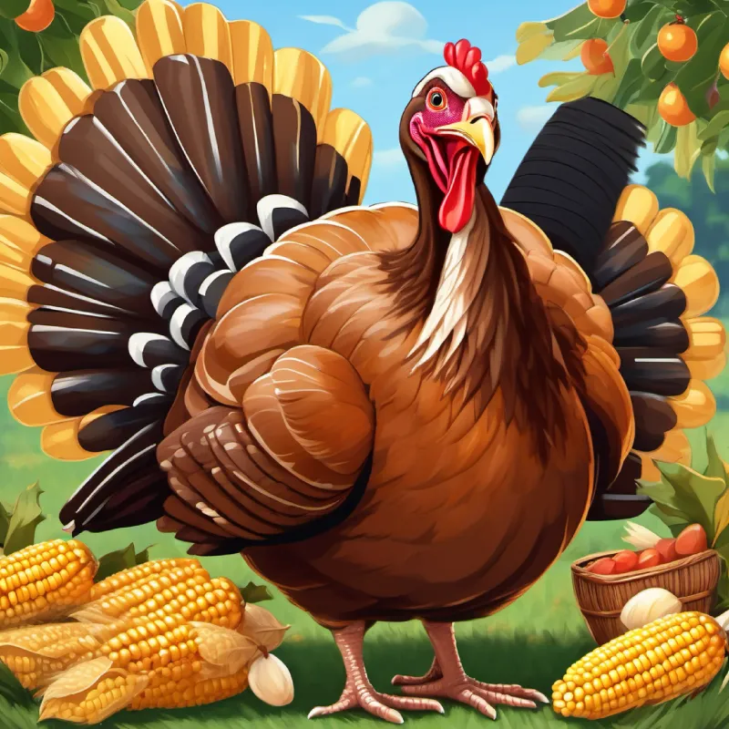 A plump turkey, brown feathers, friendly eyes, constantly smiling eating corn, at picnic, kernels popping out as he chuckles.