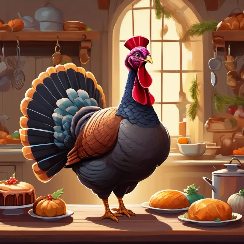 Introduction to A plump turkey, brown feathers, friendly eyes, constantly smiling, farmyard setting, expectation for fun. baking a cake