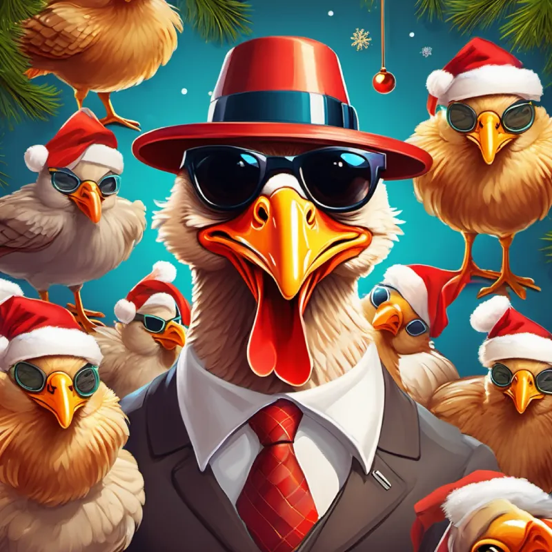 Introduction: A smilling turkey wearing sunglasses, hat and a tie that tripped and surrounded by chikens. but chikens are not wearing sunglasses