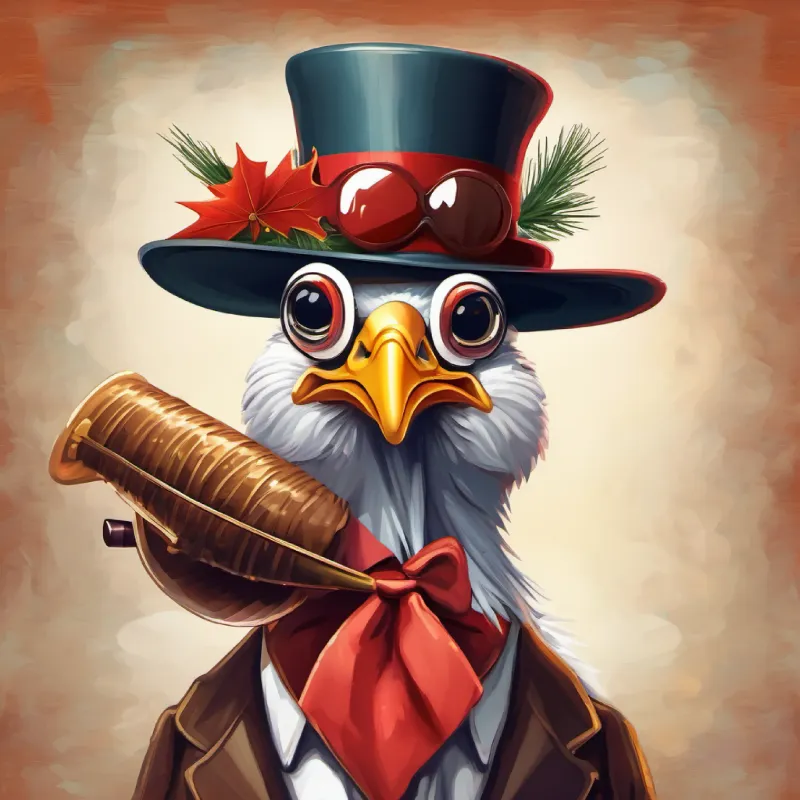 Introduction: A turkey blowing a bugle wearing a hat and a tie with sunglasses