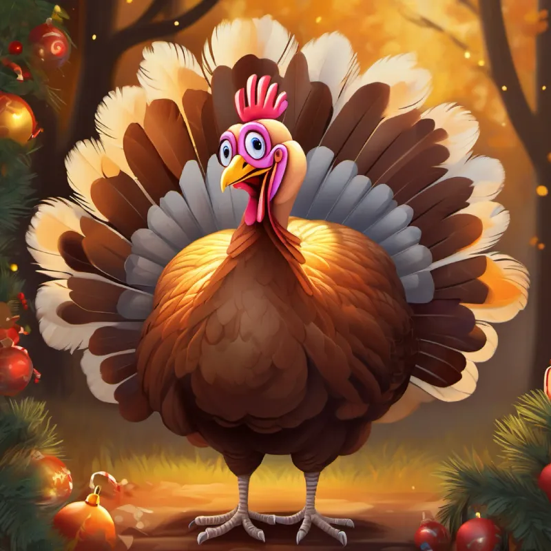 Introduction to A plump turkey, brown feathers, friendly eyes, constantly smiling, farmyard setting, expectation for fun.