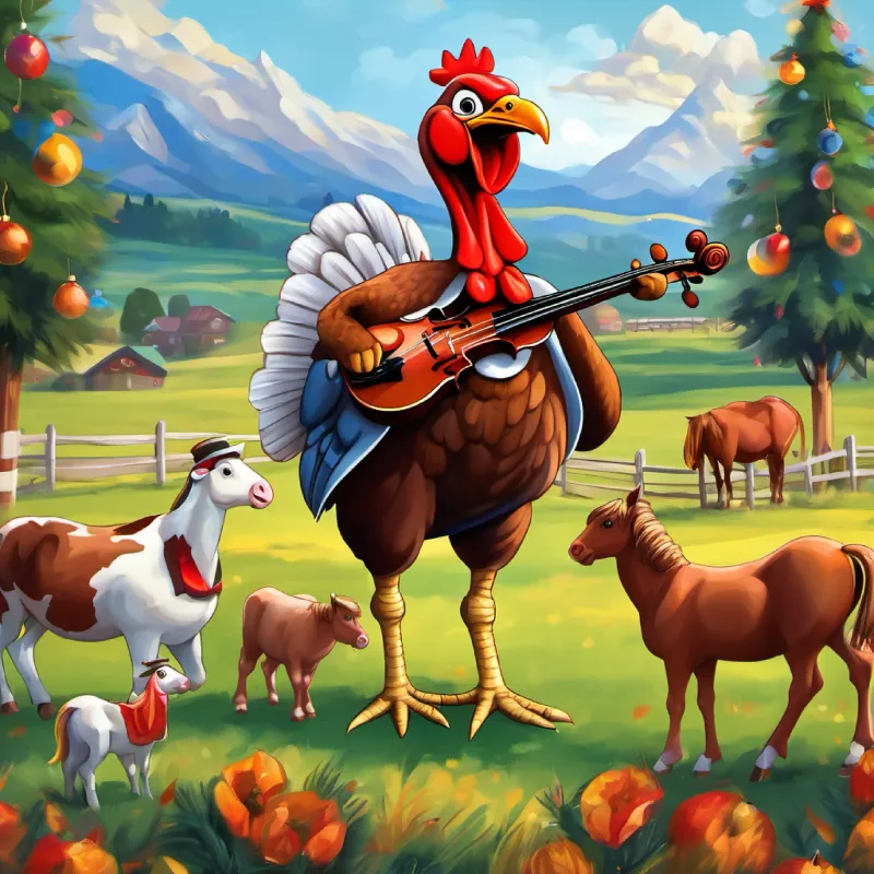 Introduction: A turkey with a violin beside horses and cows